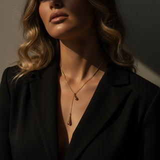 model wearing a black blazer a gold lariat necklace