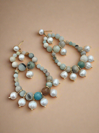 Amazonite & Pearl Statement Drops - Gold Lunar