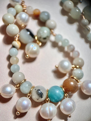 Amazonite & Pearl Statement Drops - Gold Lunar