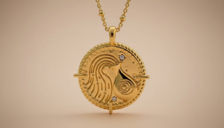 Gold necklace with a circular pendant featuring a horse design on a beige background