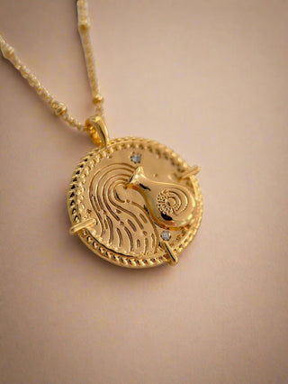 18k gold plated brass Aquarius star sign Zodiac Necklace with cubic zirconia stones and intricate detailing on a coin disc pendant and on fine ball chain.