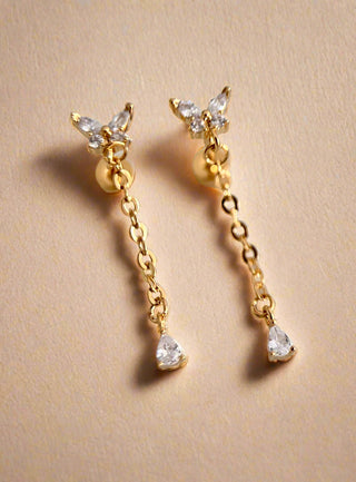 Butterfly studs with fine detail chain with a cubic zirconia teardrop stone drop on the end in 18k gold plated