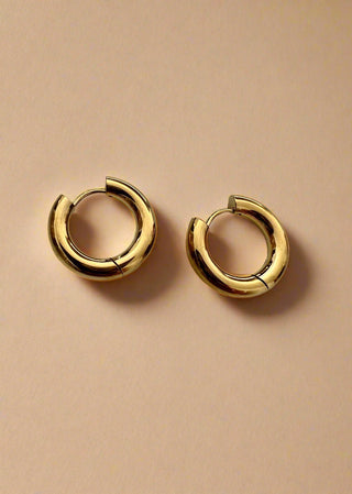 Pair of gold hoop earrings on a light gray background