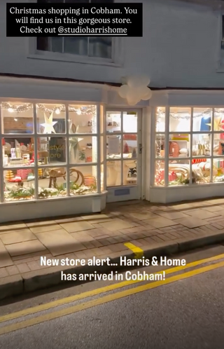Storefront with 'Harris & Home' branding and Christmas decorations in Cobham.