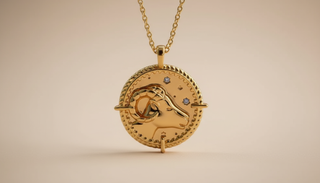 Gold pendant with zodiac design on a beige background