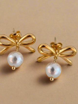 18k gold plated pretty bow earrings with a faux pearl drop