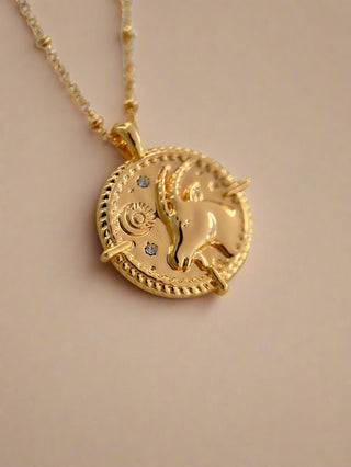 18k gold plated brass Capricorn Necklace with cubic zirconia stones and intricate detailing on a coin disc pendant and on fine ball chain - Gold Lunar