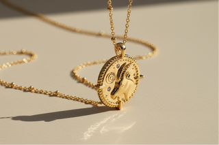 Gold necklace with a detailed pendant on a beige background