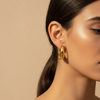 Gold hoop earrings worn by a model against a beige background