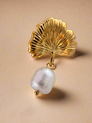 18k gold plated Leaf stud earrings with freshwater Pearl drops - Gold Lunar jewellery brand