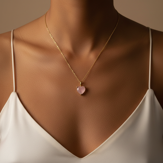 Necklace with a heart-shaped pendant on a model wearing a white top against a neutral background