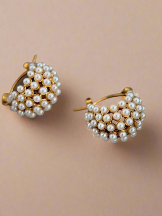 18k gold plated Pearl Chubby Hoops display on a Stackers jewellery box