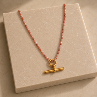 Pink Opal Gemstone Beaded T Bar Necklace