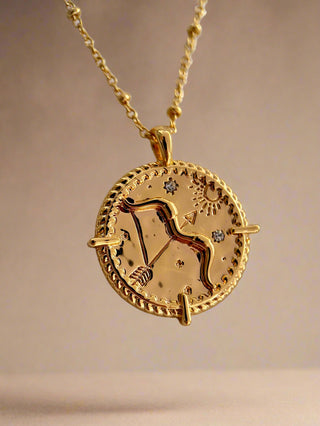 18k gold plated brass sagittarius Necklace with cubic zirconia stones and intricate detailing on a coin disc pendant and on fine ball chain - Gold Lunar