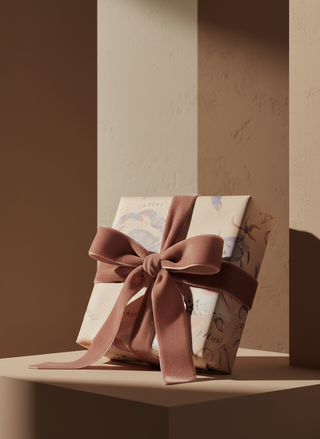 Gift box with a pink ribbon on a neutral background